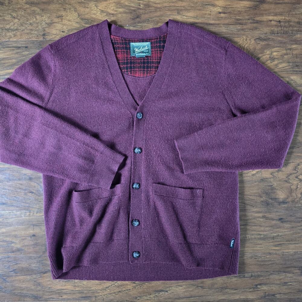 Woolrich Men’s Merino Wool Knit Cardigan Sweater Purple V-Neck Buttons L